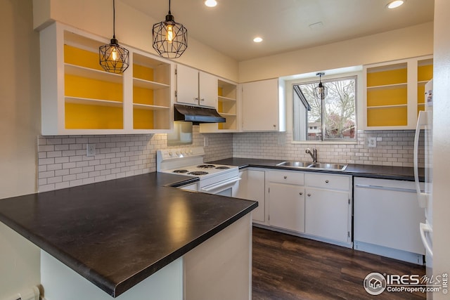 1733 Azalea Dr Unit 2, Fort Collins, CO 80526 - kitchen with dark countertops, open shelves, a sink, white appliances, and under cabinet range hood