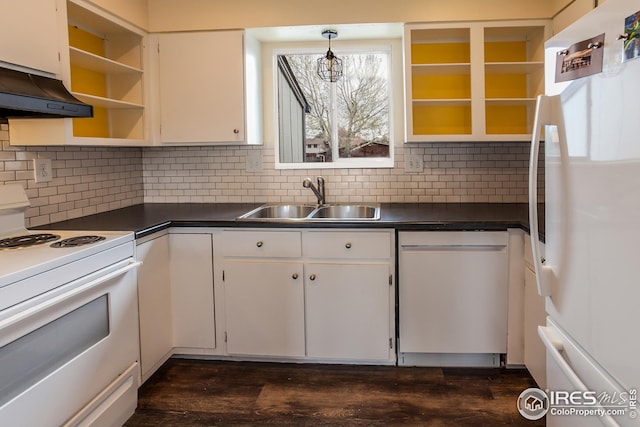 1733 Azalea Dr Unit 2, Fort Collins, CO 80526 - kitchen featuring dark countertops, open shelves, a sink, and white appliances