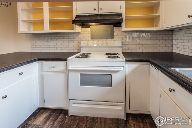 1733 Azalea Dr Unit 2, Fort Collins, CO 80526 - kitchen with white electric range oven, white cabinetry, range hood, open shelves, and dark wood-type flooring