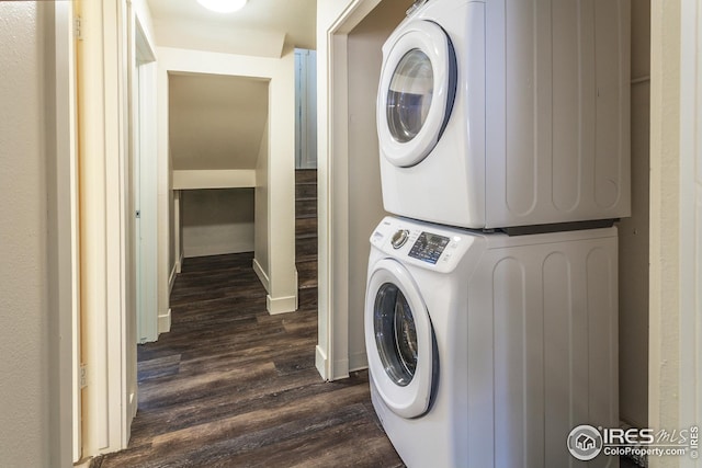 1733 Azalea Dr Unit 2, Fort Collins, CO 80526 - laundry room featuring dark wood finished floors, stacked washer / dryer, and laundry area