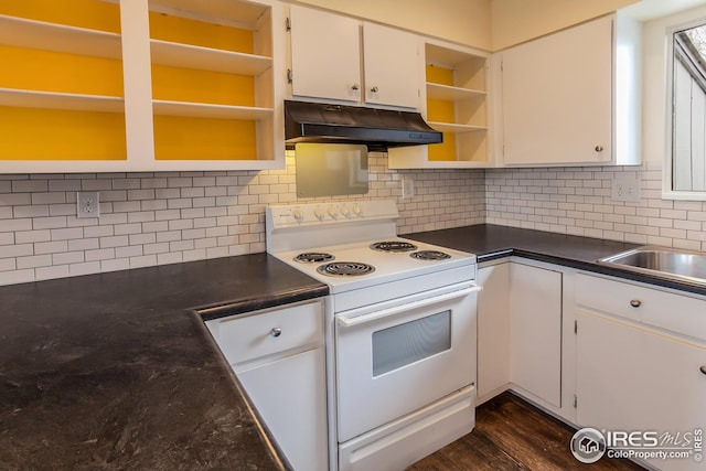 1733 Azalea Dr Unit 2, Fort Collins, CO 80526 - kitchen featuring white electric stove, under cabinet range hood, open shelves, decorative backsplash, and white cabinetry