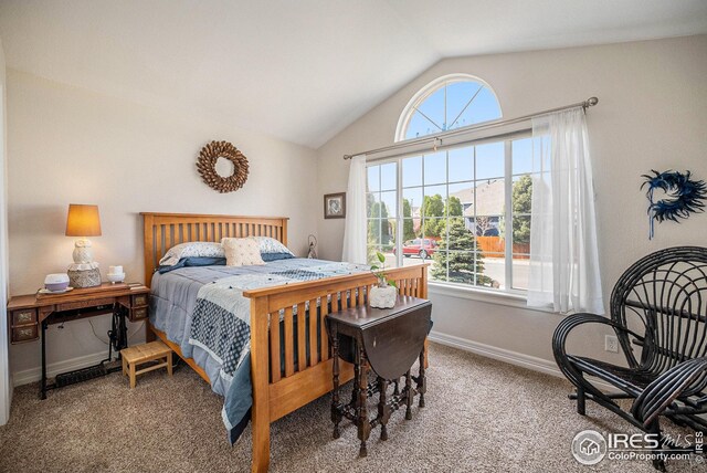 carpeted bedroom with vaulted ceiling and baseboards