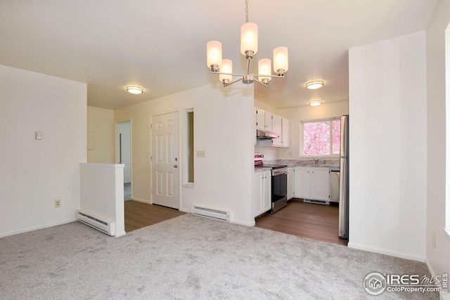 kitchen featuring baseboard heating, stainless steel electric stove, carpet flooring, and an inviting chandelier