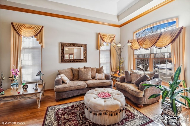 16261 W Ellsworth Ave, Golden, CO 80401 - living area featuring plenty of natural light, wood finished floors, ornamental molding, and a high ceiling