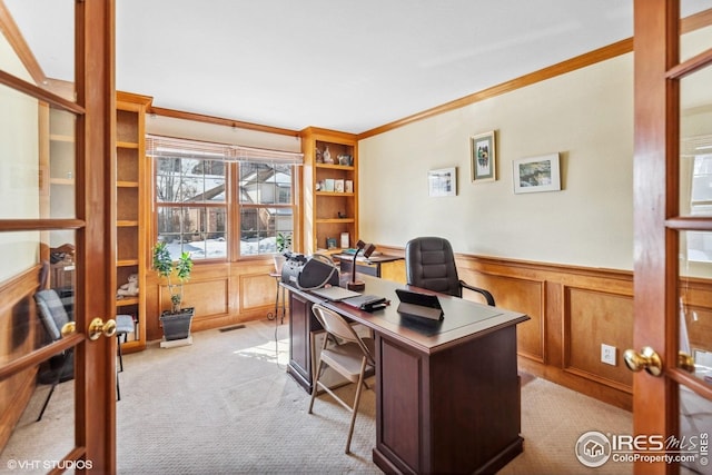 16261 W Ellsworth Ave, Golden, CO 80401 - office area featuring ornamental molding, french doors, wainscoting, and carpet floors