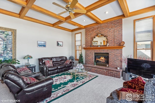 16261 W Ellsworth Ave, Golden, CO 80401 - living area featuring coffered ceiling, ceiling fan, carpet floors, beam ceiling, and a brick fireplace