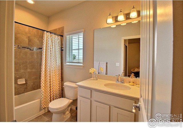 bathroom featuring tile patterned flooring, toilet, vanity, and shower / bathtub combination with curtain