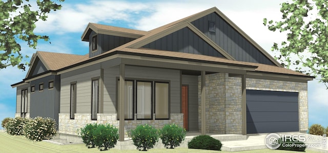 exterior space with a garage, board and batten siding, a shingled roof, and stone siding