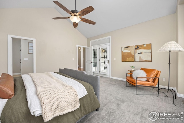 bedroom with access to exterior, baseboards, high vaulted ceiling, ceiling fan, and carpet floors