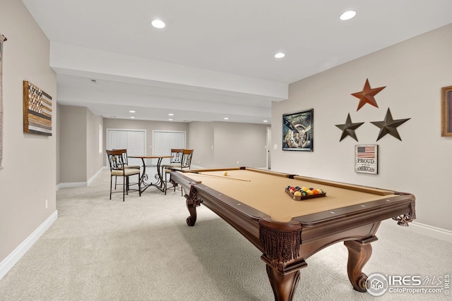 game room featuring recessed lighting, baseboards, pool table, and light colored carpet