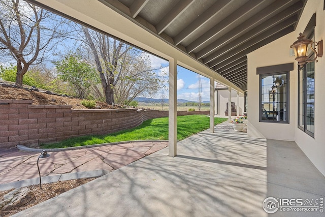 view of patio with a mountain view