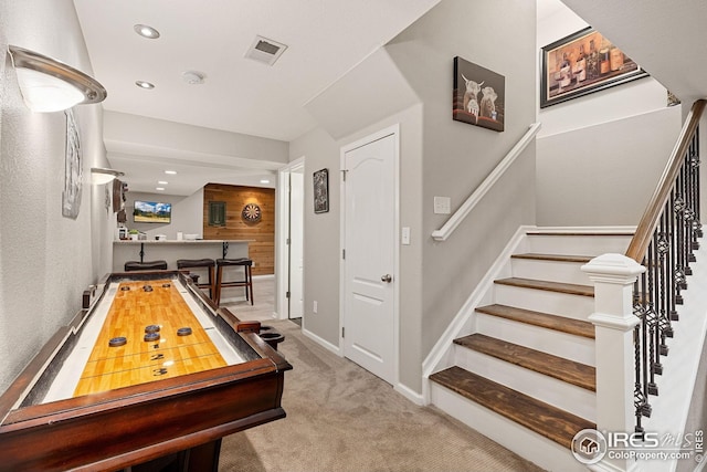 game room with recessed lighting, carpet floors, visible vents, and baseboards