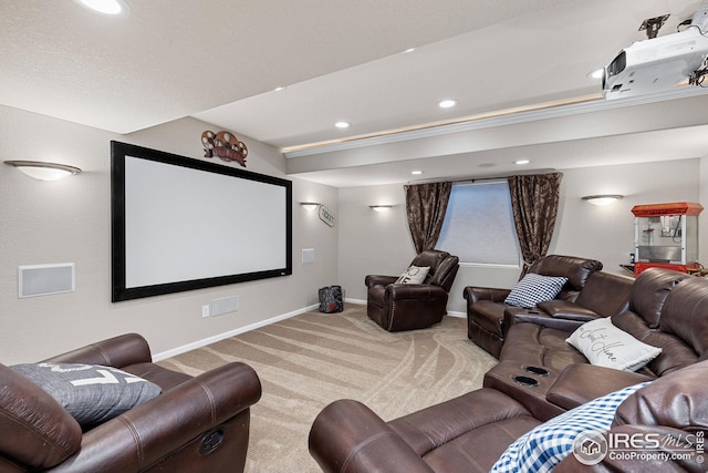 cinema with baseboards, carpet flooring, and recessed lighting