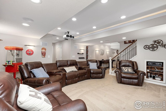 living room featuring stairway, carpet floors, visible vents, and recessed lighting