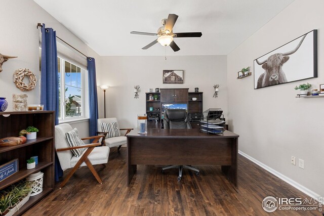 office area featuring wood finished floors, a ceiling fan, and baseboards