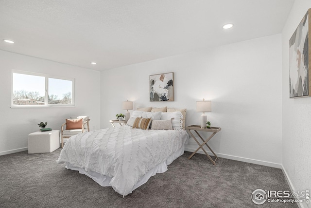 carpeted bedroom with baseboards and recessed lighting