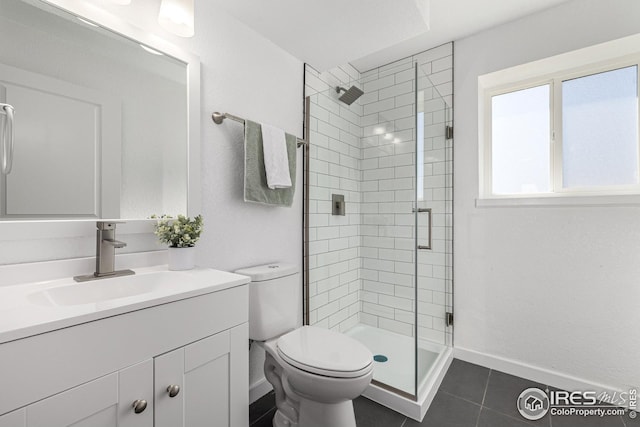 bathroom featuring tile patterned flooring, a shower stall, toilet, and vanity