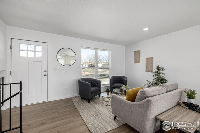 living room featuring recessed lighting, wood finished floors, and baseboards