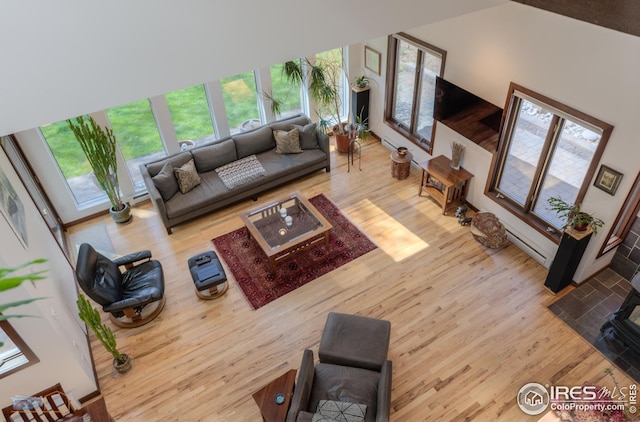 living area featuring a baseboard radiator, wood finished floors, and a baseboard heating unit