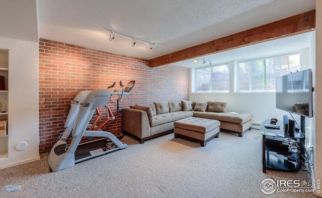 carpeted living room with track lighting, baseboards, baseboard heating, and brick wall