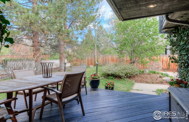 deck featuring a fenced backyard and outdoor dining space