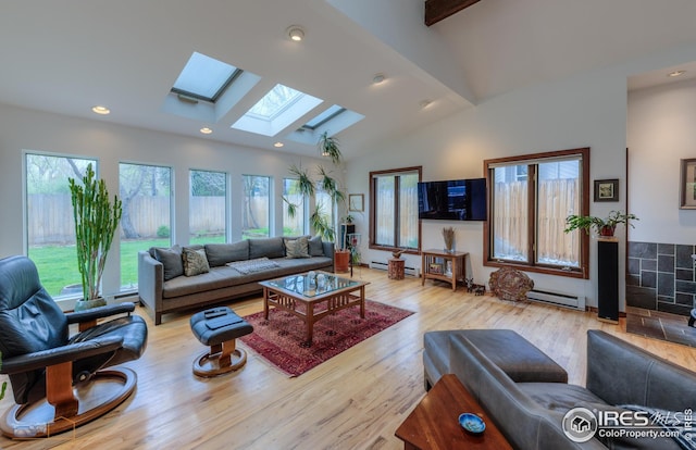 living room with a baseboard heating unit, lofted ceiling with skylight, wood finished floors, and recessed lighting