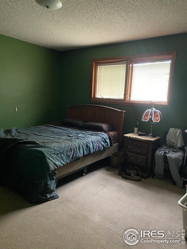 bedroom with a textured ceiling and carpet flooring