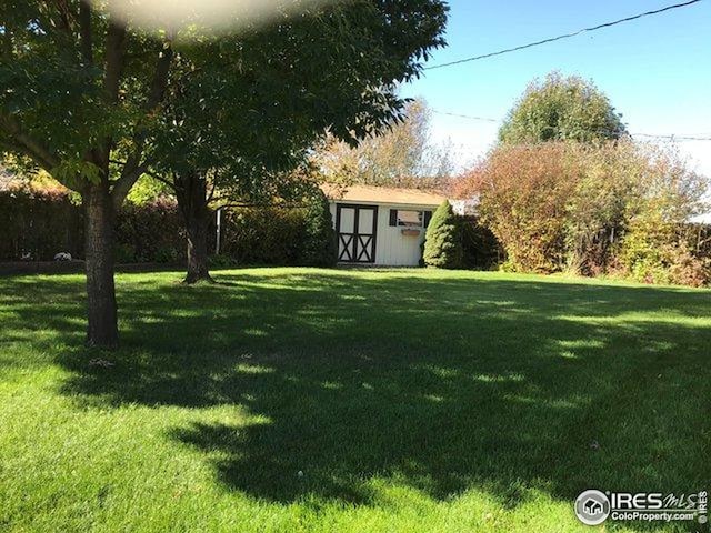 view of yard with an outdoor structure and a storage shed
