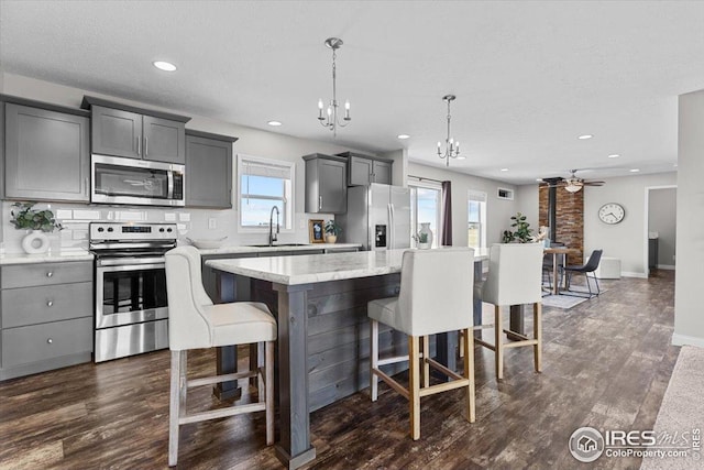 kitchen with gray cabinets, stainless steel appliances, ceiling fan with notable chandelier, a kitchen bar, and a sink