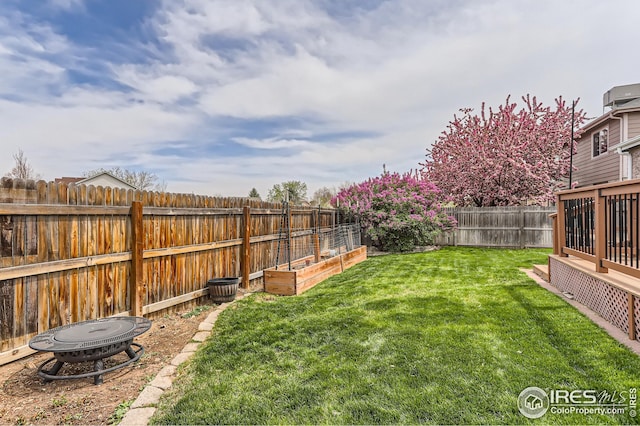 view of yard with a vegetable garden and a fenced backyard