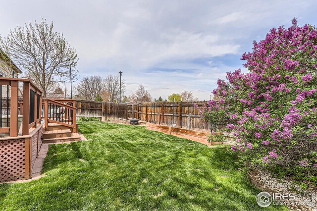 view of yard with a deck and a fenced backyard