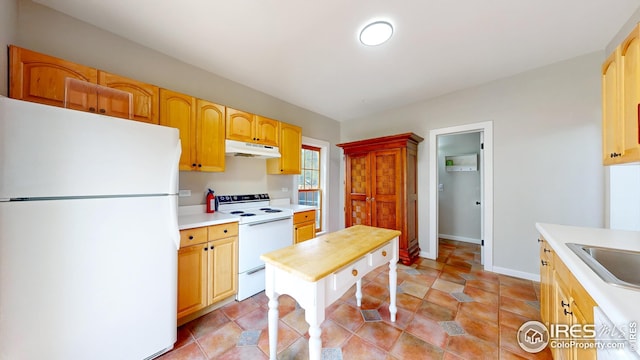 kitchen with a sink, white appliances, light countertops, and under cabinet range hood
