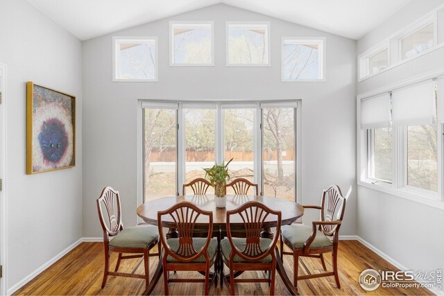 1891 Orchard Ave, Boulder, CO 80304 - dining space with wood finished floors, plenty of natural light, baseboards, and high vaulted ceiling