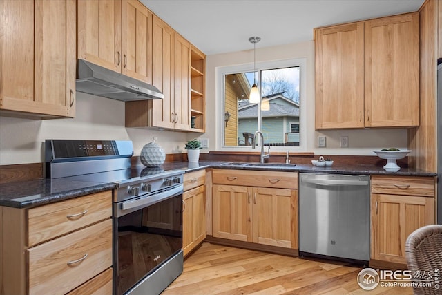 kitchen featuring a sink, under cabinet range hood, open shelves, light wood-type flooring, and appliances with stainless steel finishes