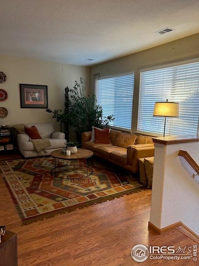 living area featuring visible vents and wood finished floors