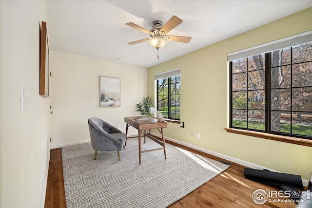 office with baseboards, a ceiling fan, and wood finished floors