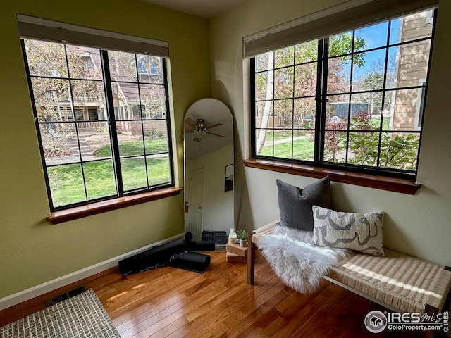 living area with baseboards, ceiling fan, plenty of natural light, and wood finished floors