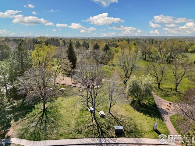 drone / aerial view featuring a view of trees