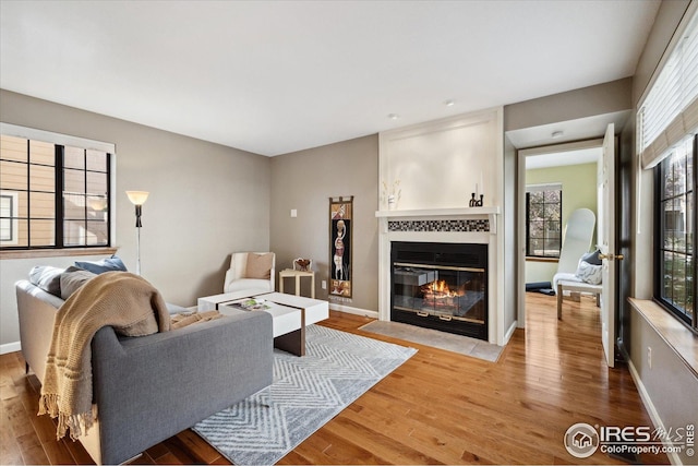 living room with baseboards, a fireplace with flush hearth, and wood finished floors