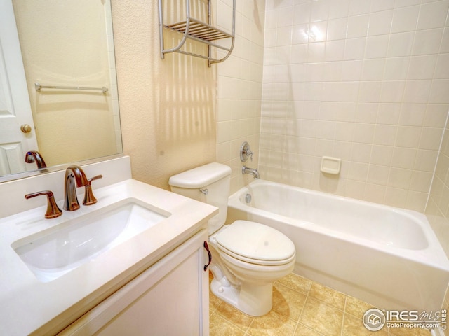 bathroom with toilet, tile patterned flooring, shower / tub combination, and vanity