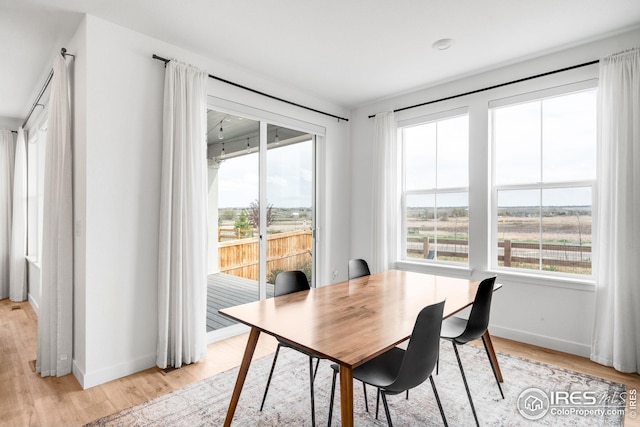 dining space with light wood-style flooring, a wealth of natural light, and baseboards