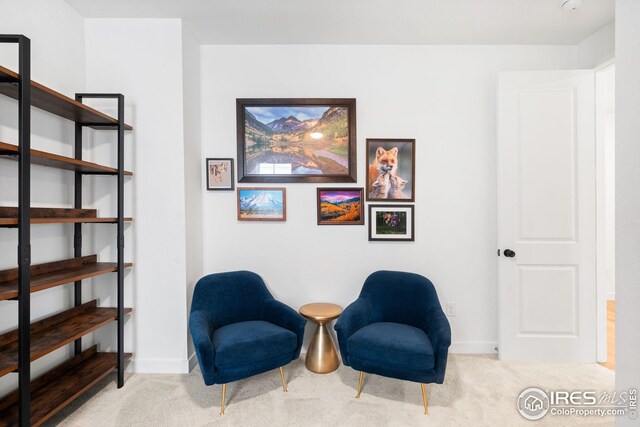 sitting room with carpet flooring and baseboards