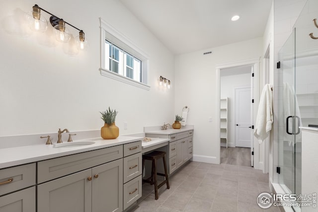 full bath featuring recessed lighting, tile patterned flooring, a shower stall, vanity, and visible vents