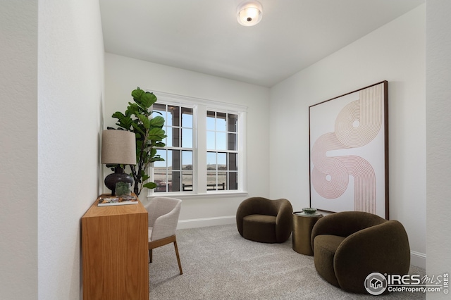 living area with carpet and baseboards