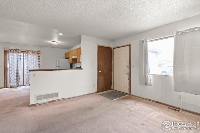 unfurnished living room featuring light colored carpet, visible vents, and a textured ceiling