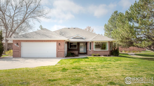 ranch-style house with brick siding, a shingled roof, a garage, driveway, and a front lawn