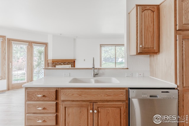 kitchen featuring a sink, dishwasher, a wealth of natural light, and light countertops