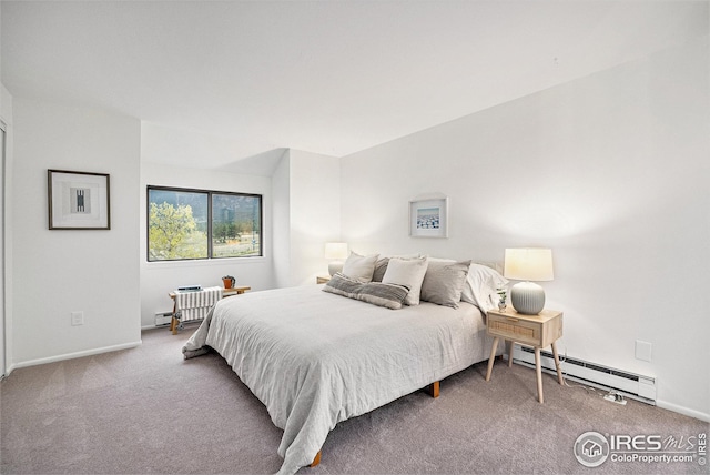 carpeted bedroom featuring radiator heating unit, baseboards, and a baseboard heating unit