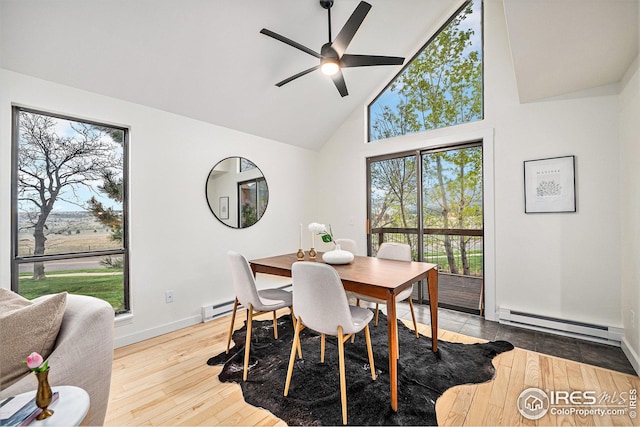 dining room featuring high vaulted ceiling, ceiling fan, a baseboard heating unit, and hardwood / wood-style flooring
