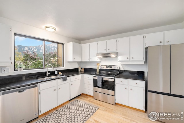 kitchen with white cabinets, a sink, stainless steel appliances, light wood-type flooring, and under cabinet range hood